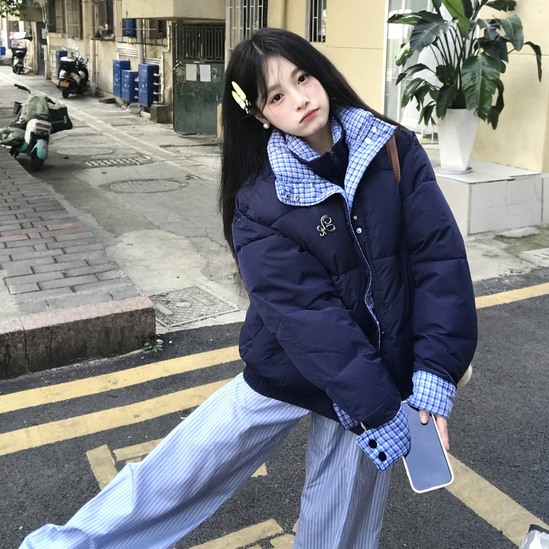 实拍冬季新款潮牌设计感双层领格子拼接棉服女宽松面包服棉衣外套