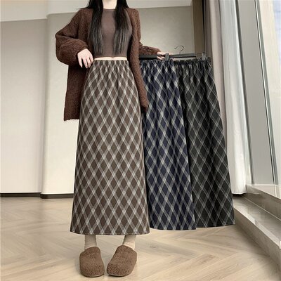 实拍大码胖MM秋冬复古格子加绒加厚直筒裙高腰显瘦半身裙韩版百搭