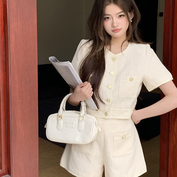 实拍2025夏装新款小香风短袖外套高腰短裤两件套装女气质高级感潮