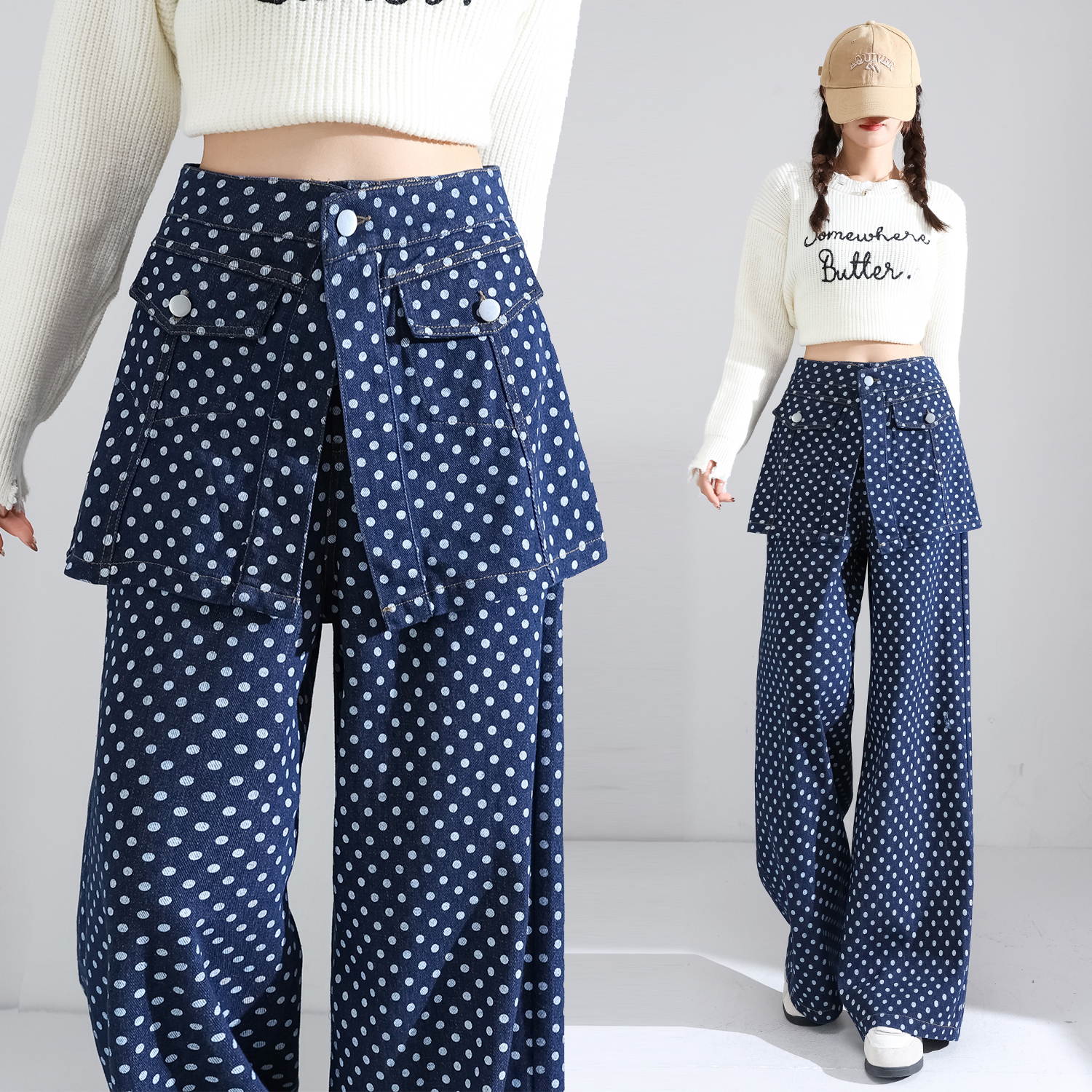 波点2025韩版chic设计感真两件牛仔屁帘阔腿微喇牛仔裤两件套