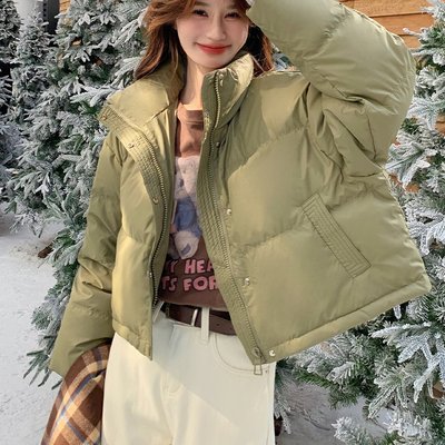 绿色PU皮羽绒棉服女短款2025年冬季新款时尚小个子棉衣面包服