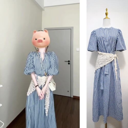 EVNSTYLE “圣岛蓝窗”春季新款中长款九分袖宽松蓝格子连衣裙女