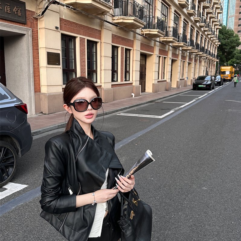 实拍~ 诺丁山爵士  皮衣女机车风秋冬季黑色复古pu皮夹克外搭外套