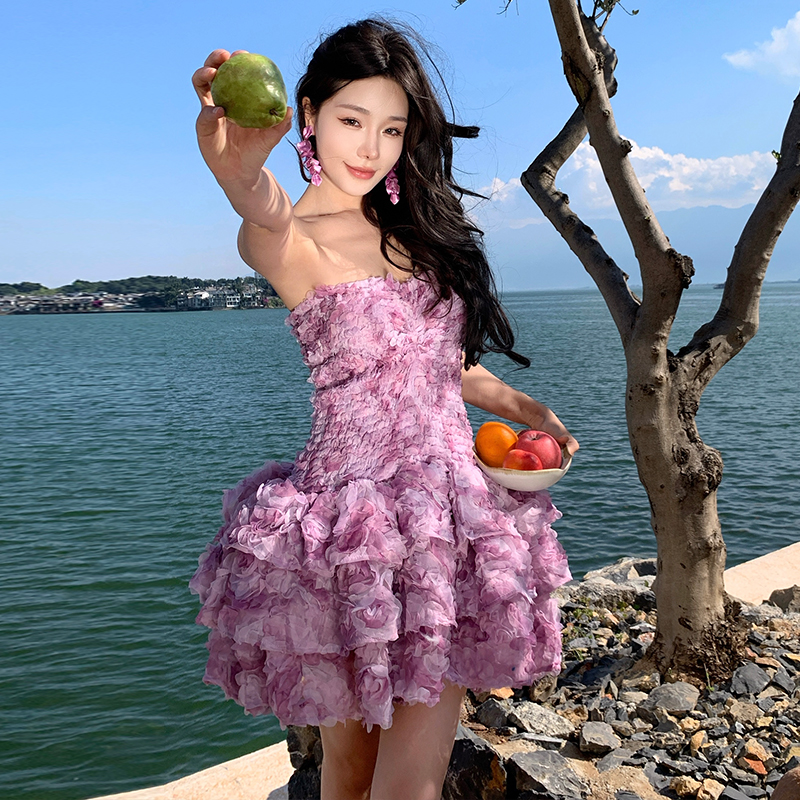 欧美性感短裙立体花朵盘花打揽收腰修身荷叶边抹胸礼服连衣裙