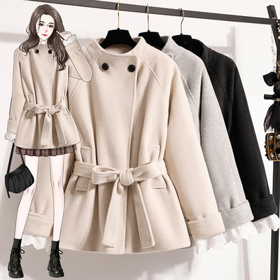 实拍灰色立领双面羊绒大衣初冬独特超女短款收腰巨好看羊毛呢外套