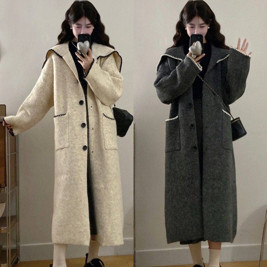 实拍大码韩系高级感海军领猫牙花边宽松慵懒风针织毛衣大衣长外套