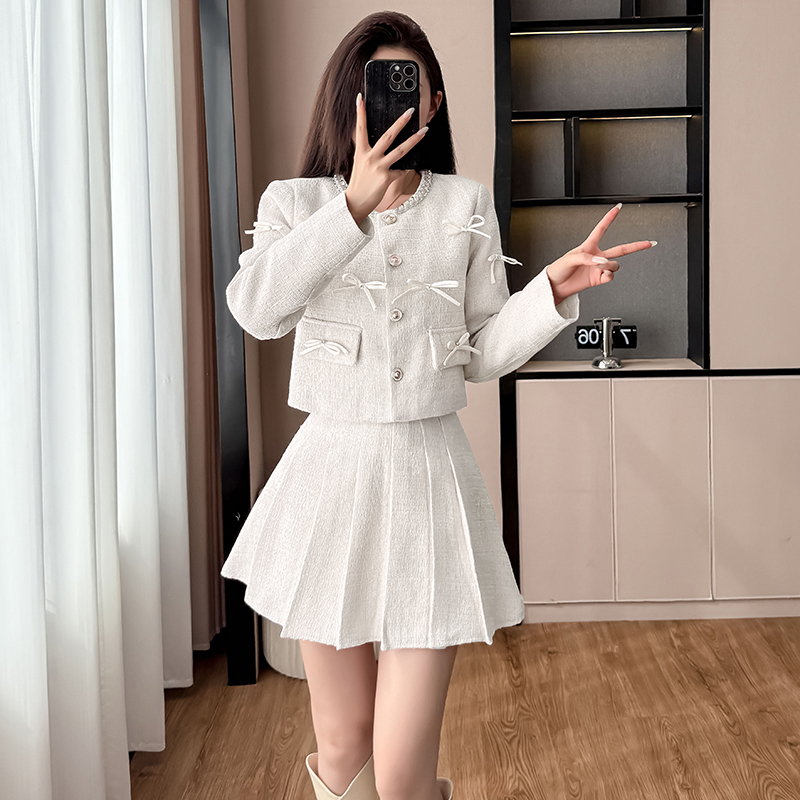 2025小香风套装裙秋冬新款重工亮片蝴蝶结高腰a字百褶裙两件套