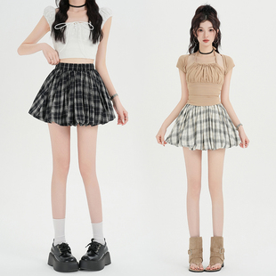 实拍2026春夏新款 女高腰小个子花苞短裙 韩系复古泡泡格子半身裙裤