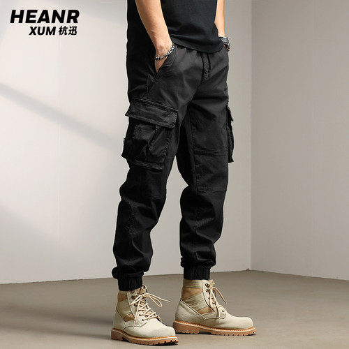 黑色休闲束脚工装裤男