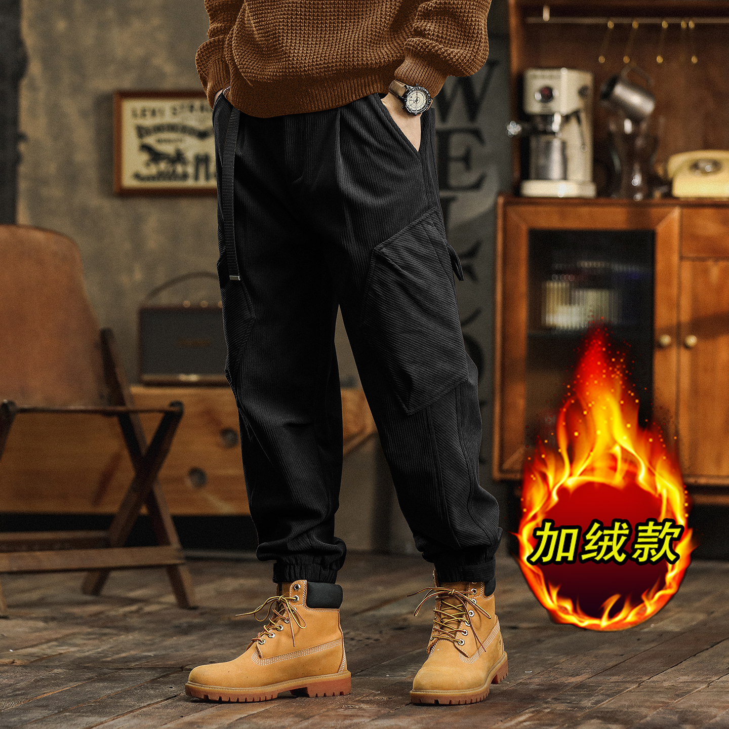 美式重磅加绒工装裤男