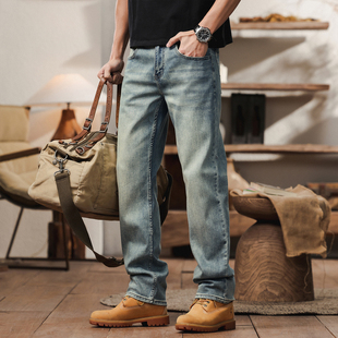 美式潮牌弹力直筒牛仔裤男款2026新款复古怀旧风刺绣宽松休闲长裤