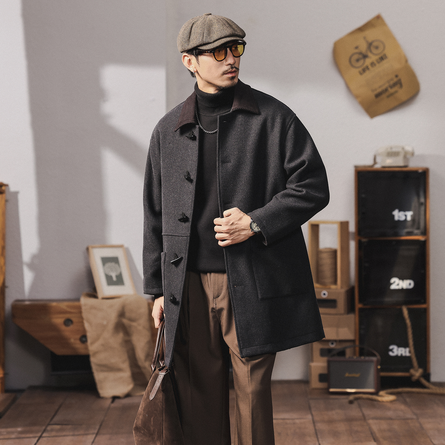 秋冬新款毛呢大衣男士中长款