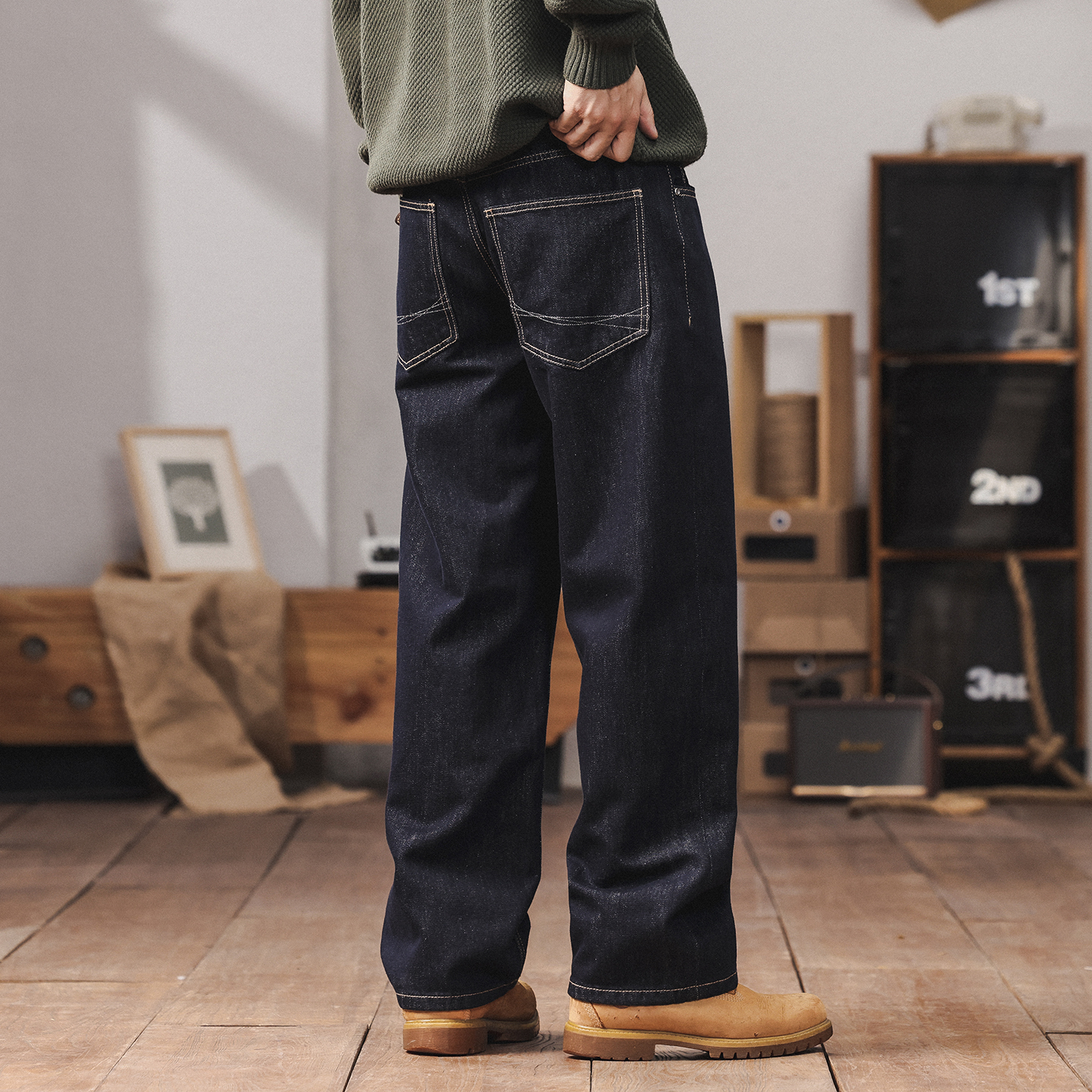 阿美咔叽原色牛仔裤男直筒