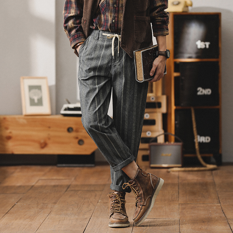 夏季薄款条纹休闲裤男九分裤