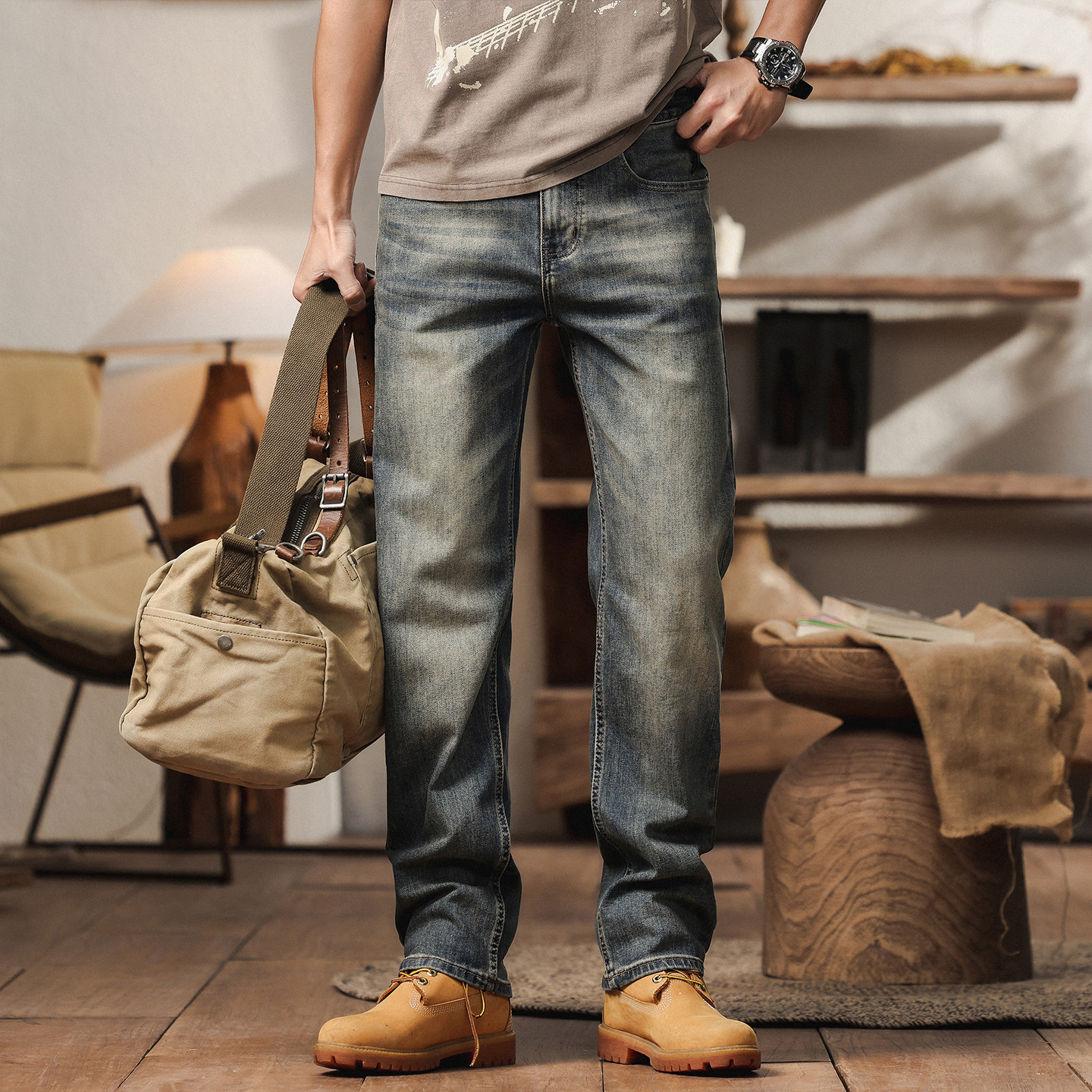 美式复古水洗做旧牛仔裤男直筒宽松痞帅潮牌休闲长裤2026春季新款,男装,牛仔裤,淘宝优惠券,粉丝福利购,淘宝优惠卷
