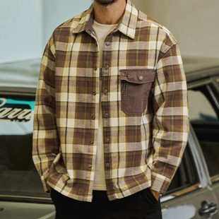 高级感绒毛痞帅格子衬衫男长袖25秋冬款美式休闲工装衬衣外套男士