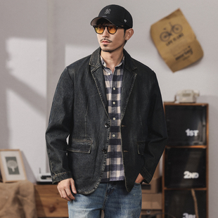 上衣潮流简约通勤宽松西服夹克 西装 美式 重磅休闲水洗牛仔外套男士