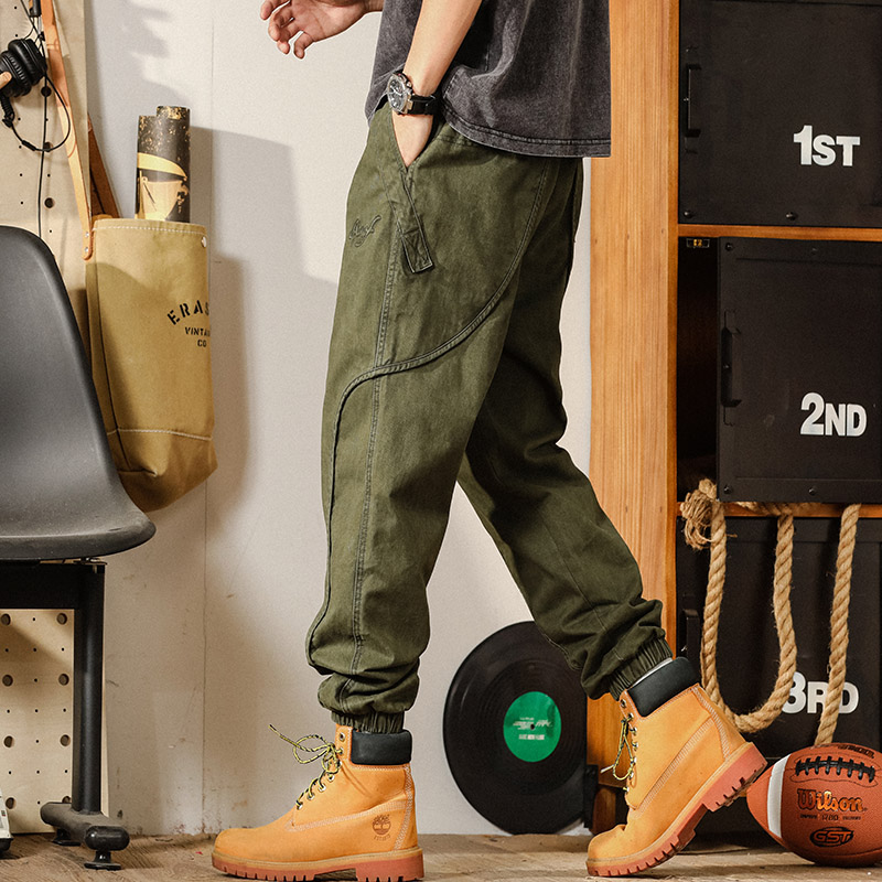 潮牌军绿色束脚工装裤男