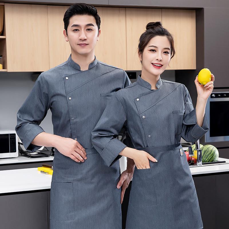 灰色高级厨师工作服长袖男女中式酒店饭店餐厅后厨房工衣秋冬大码