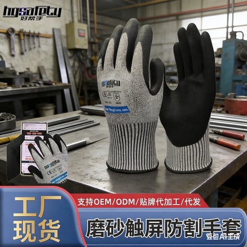 EN388五级麻灰丁腈磨砂涂层可触屏防切割手套防水防滑园林作业