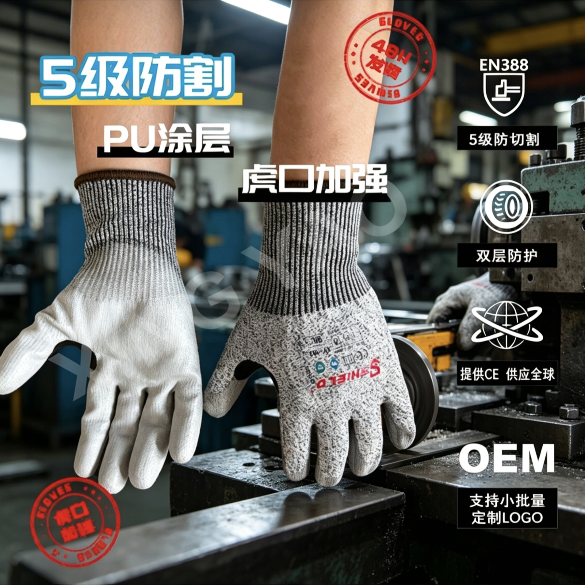 CE五级防割手套PU涂层EN388虎口加强版D级防切割独立包装提供批发