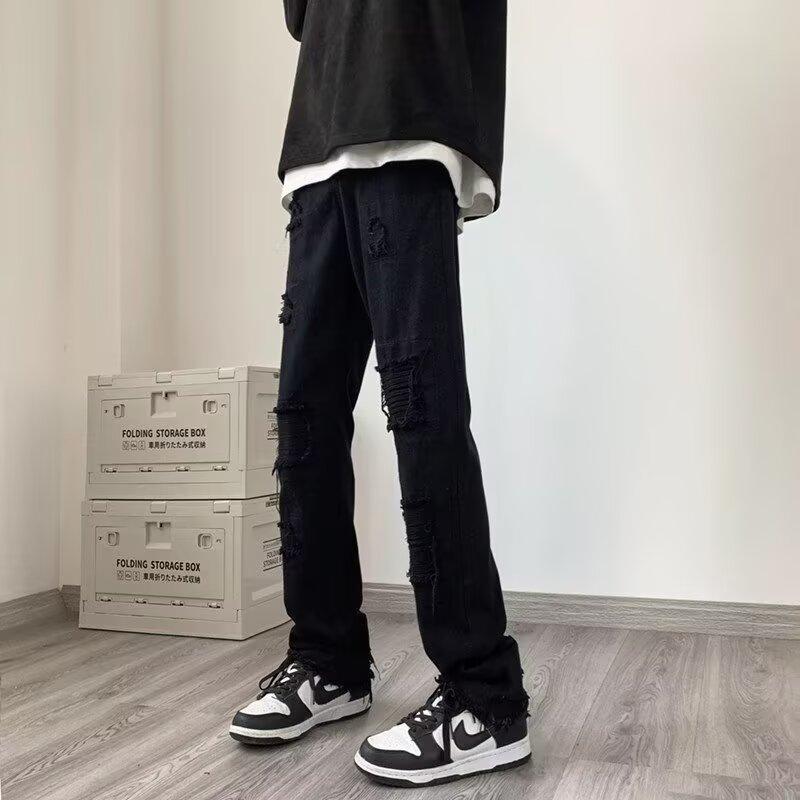 破洞牛仔裤男春季修身小脚直筒裤子美式高街vibe潮牌白色微喇男裤