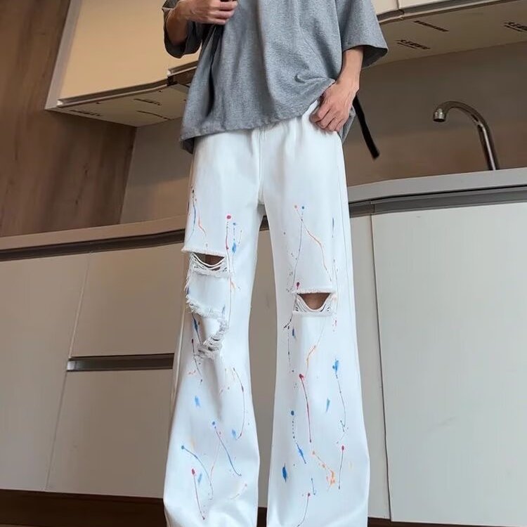 美式高街涂鸦破洞牛仔裤男夏季薄款高级感直筒微喇裤痞帅白色长裤