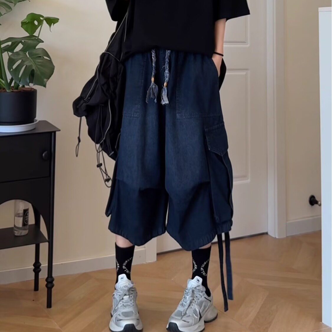 美式褶皱工装短裤男女夏薄款大口袋飘带直筒裤子高腰牛仔七分中裤
