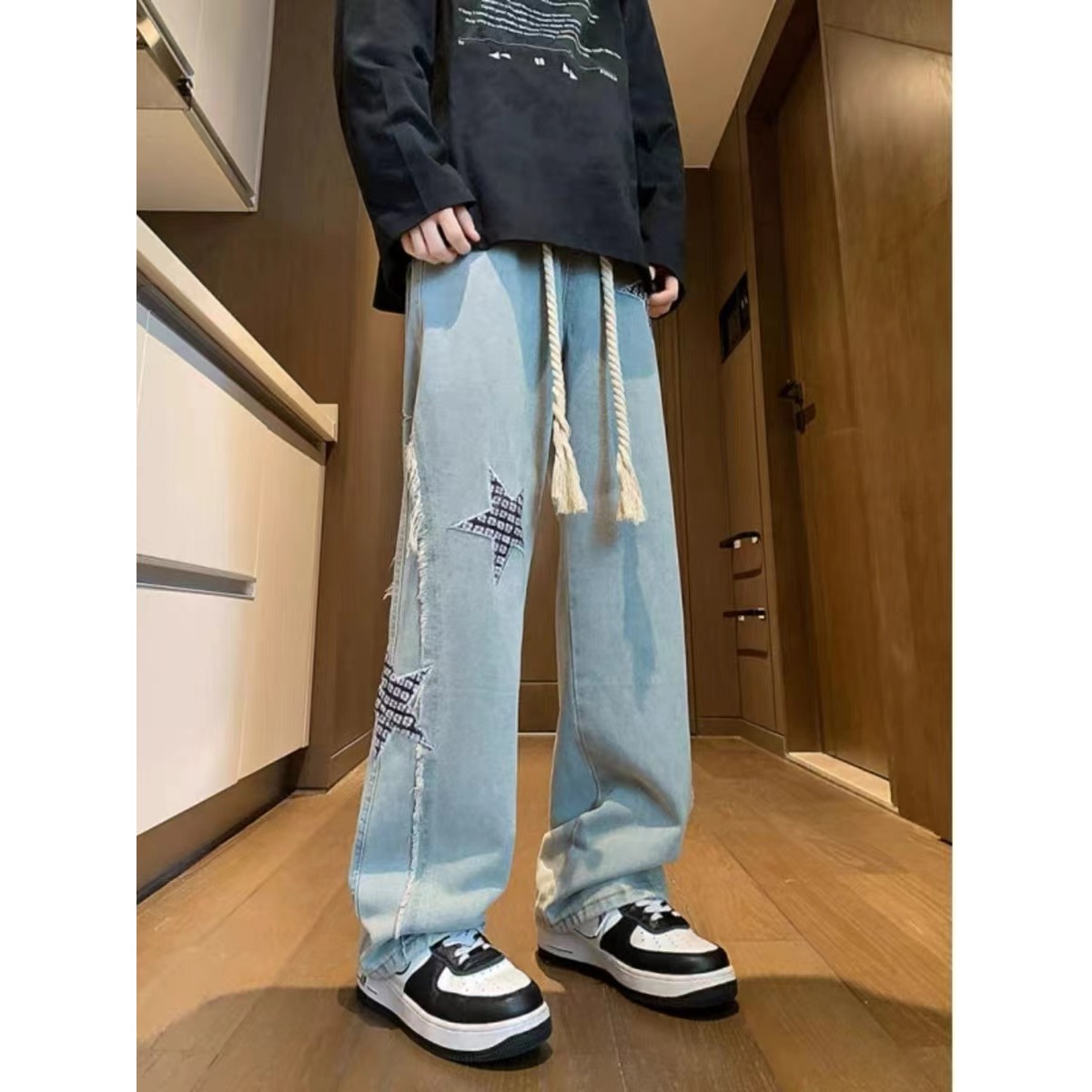 美式高街vibe风牛仔裤男款潮牌宽松直筒阔腿裤子男款休闲长裤
