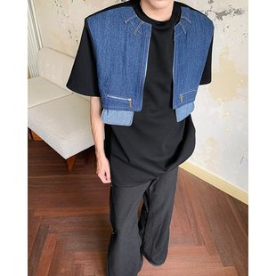 美式 假两件拼接牛仔短袖 夏季 欧美风高级感穿搭正肩t恤ins重磅半袖