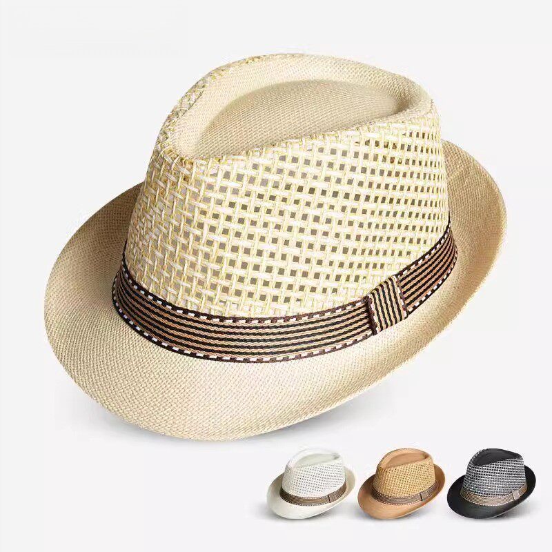 草帽老头草编夏天礼帽男士帽子英伦复古爵士帽中老年凉帽防嗮草帽