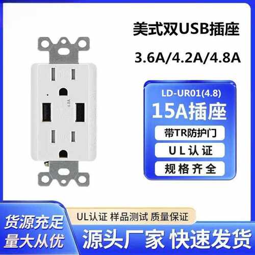美国标准125V15A壁式插座双路USB
