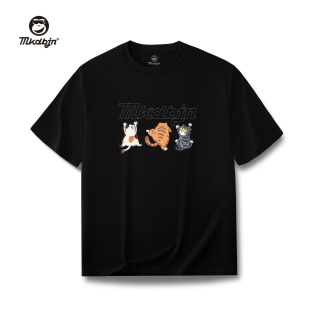 情侣装 t恤男潮牌休闲可爱猫咪印花圆领宽松正肩黑色短袖 男装 大码