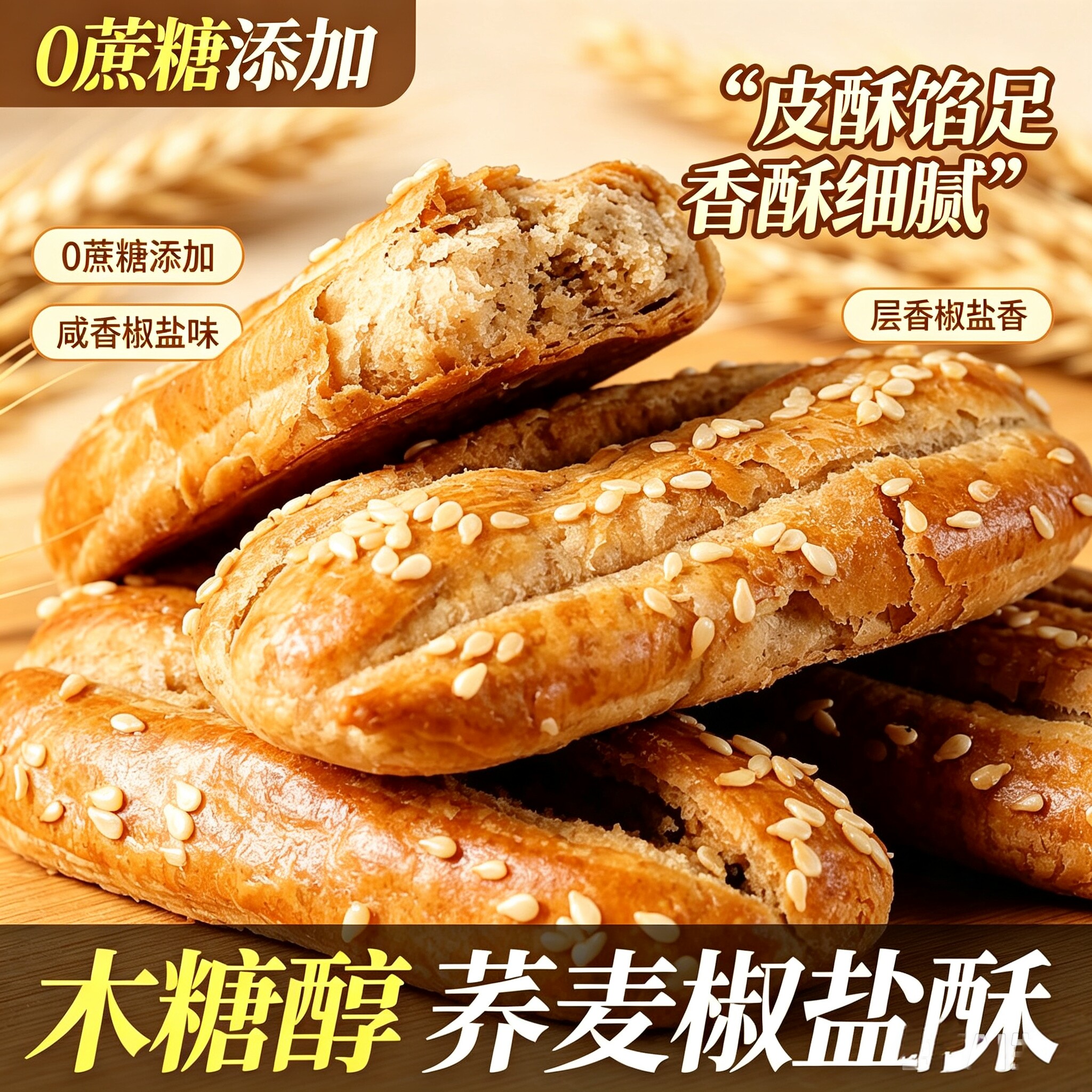木糖醇荞麦椒盐酥饼蔗糖粗粮糕点代餐零食点心低糖饼干夹心豆沙