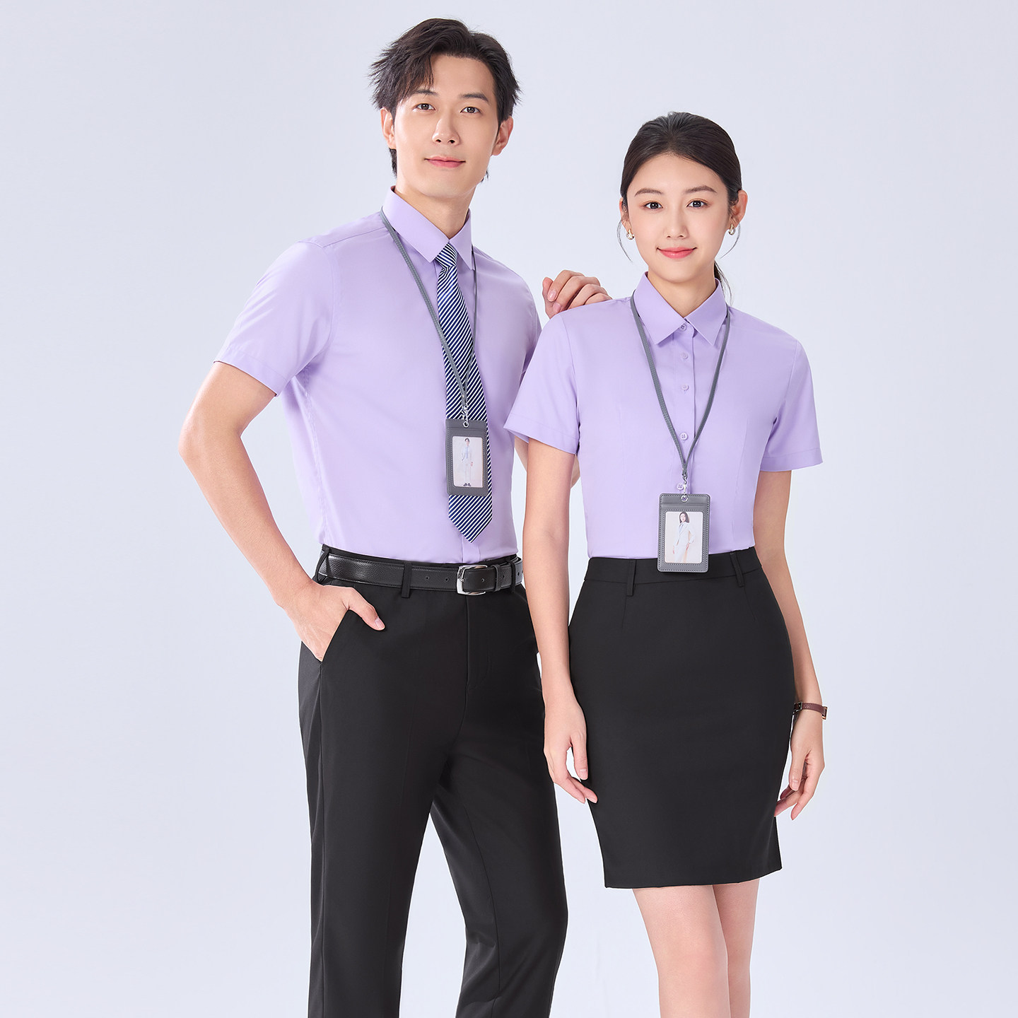 男女职业浅紫色衬衫套装教师工作服4S店销售衬衣免烫工衣刺绣LOGO