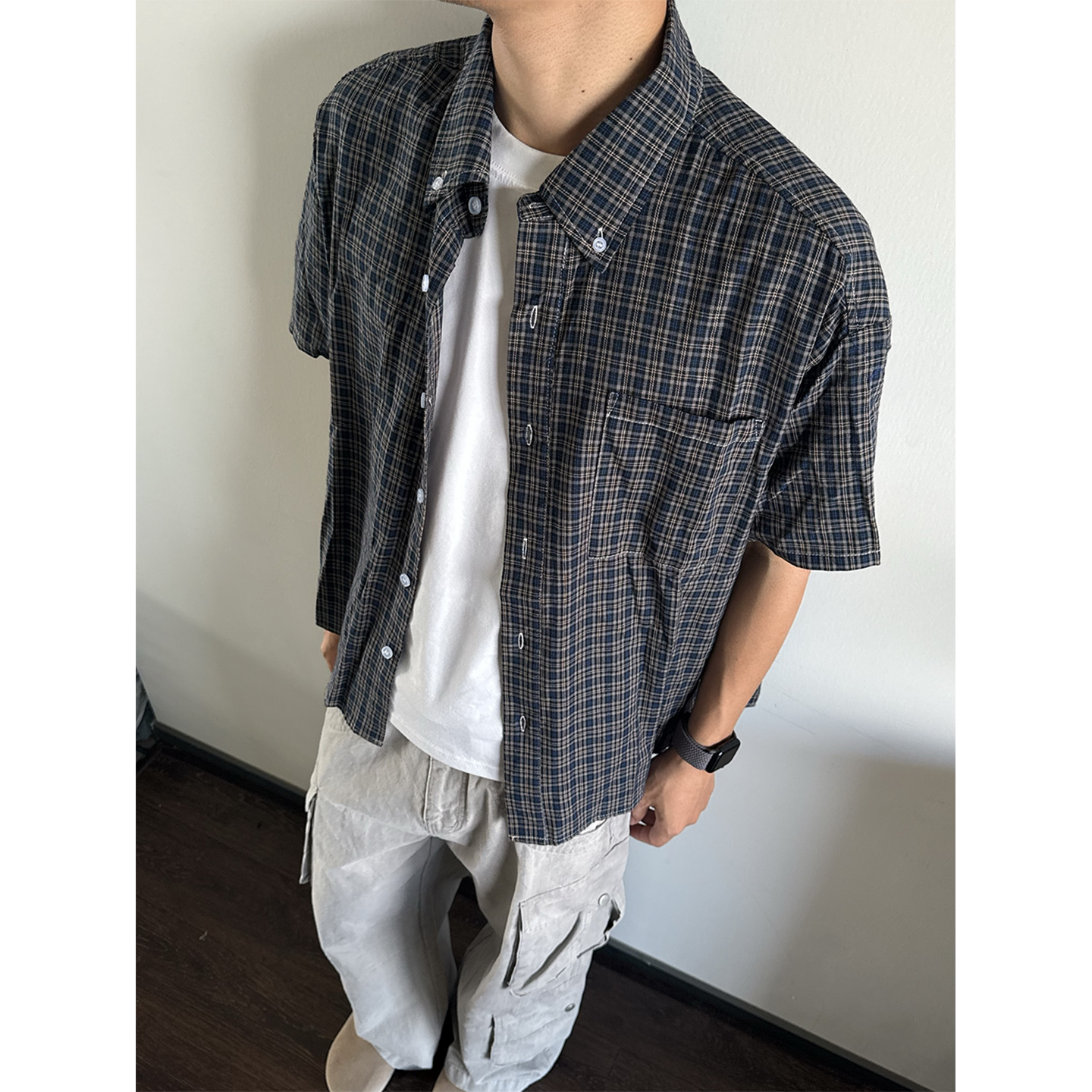 美式高级感痞帅格纹短袖衬衫男夏季薄款宽松百搭休闲衬衣叠穿外套