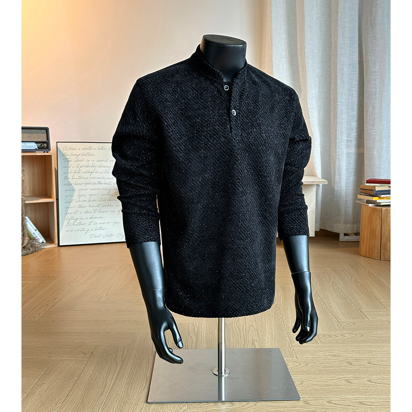 人字纹亨利领加绒长袖T恤男秋冬潮牌cleanfit半高领加厚内搭卫衣