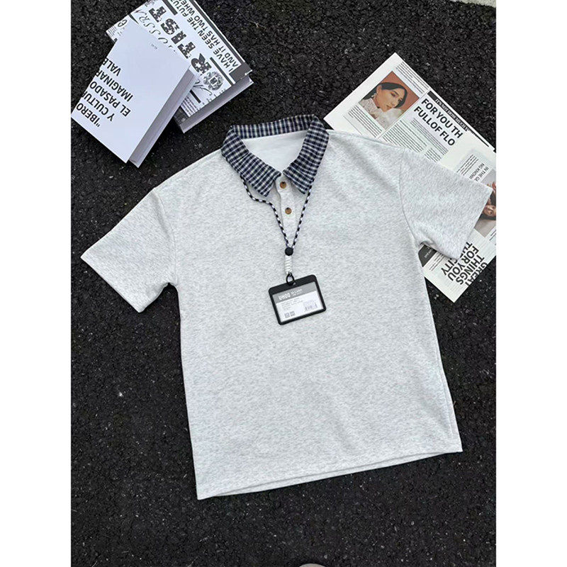 白灰色拼接格子polo衫短袖男款夏季假两件正肩t恤美式运动半截袖