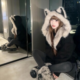 国潮猫耳朵麂皮毛领夹棉座山雕外套男女秋冬季加厚情侣装棉衣棉服