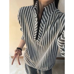 鱼骨条纹半拉链卫衣男款冬季加绒加厚重磅长袖t恤美式立领打底衫