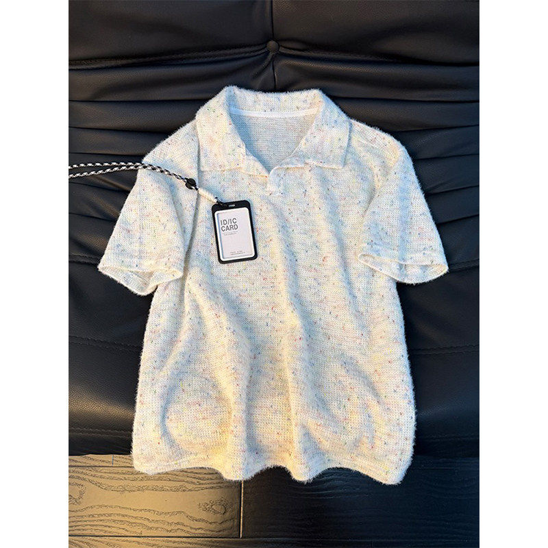 美式复古彩点针织polo衫短袖男款夏季宽松透气翻领t恤设计感上衣