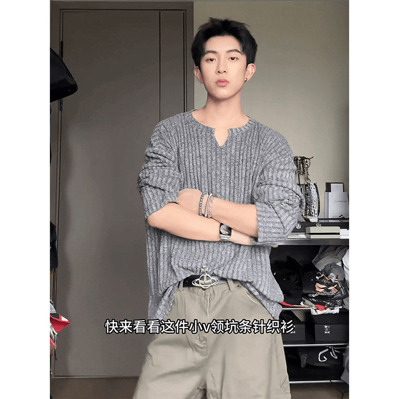 美式复古V领长袖t恤男秋季重磅老钱风肌理感卫衣高级感内搭打底衫,男装,T恤,淘宝优惠券,粉丝福利购,淘宝优惠卷