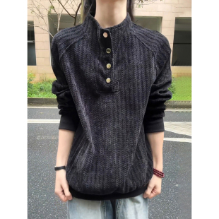 鱼骨纹排扣立领卫衣男款秋冬美式正肩长袖t恤重磅硬挺内搭打底衫