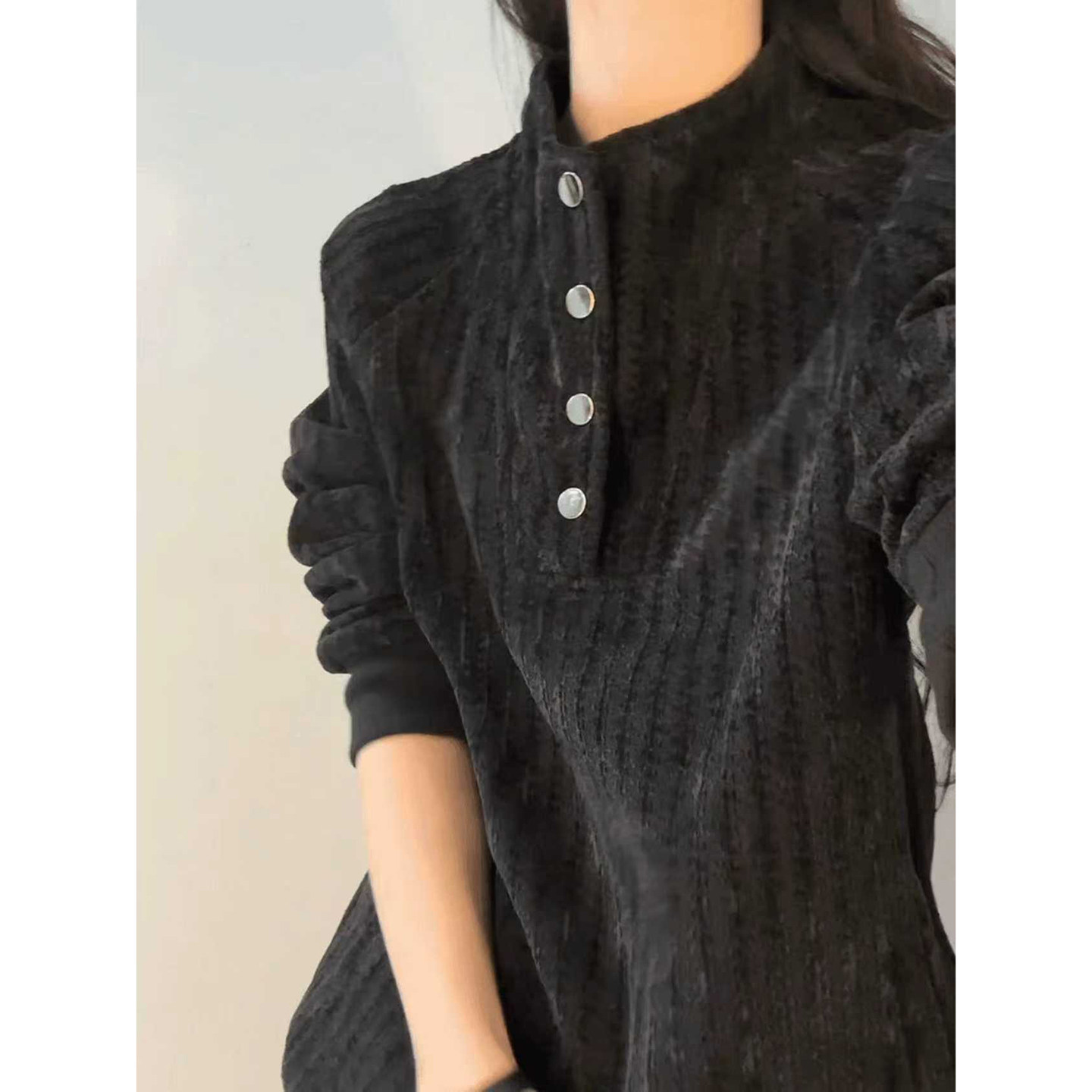 小香风鱼骨纹排扣卫衣男款秋季美式重磅亨利领长袖T恤高级感外套