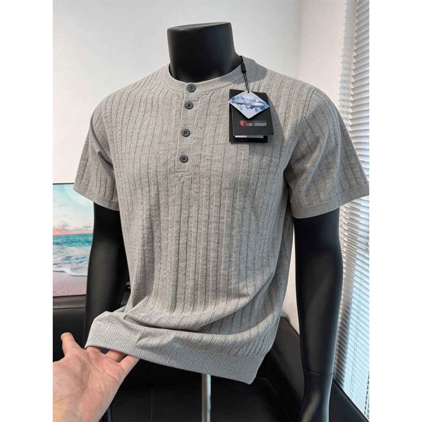 米灰色麻感亨利领t恤男夏季松弛感老钱风短袖polo衫美式正肩半袖