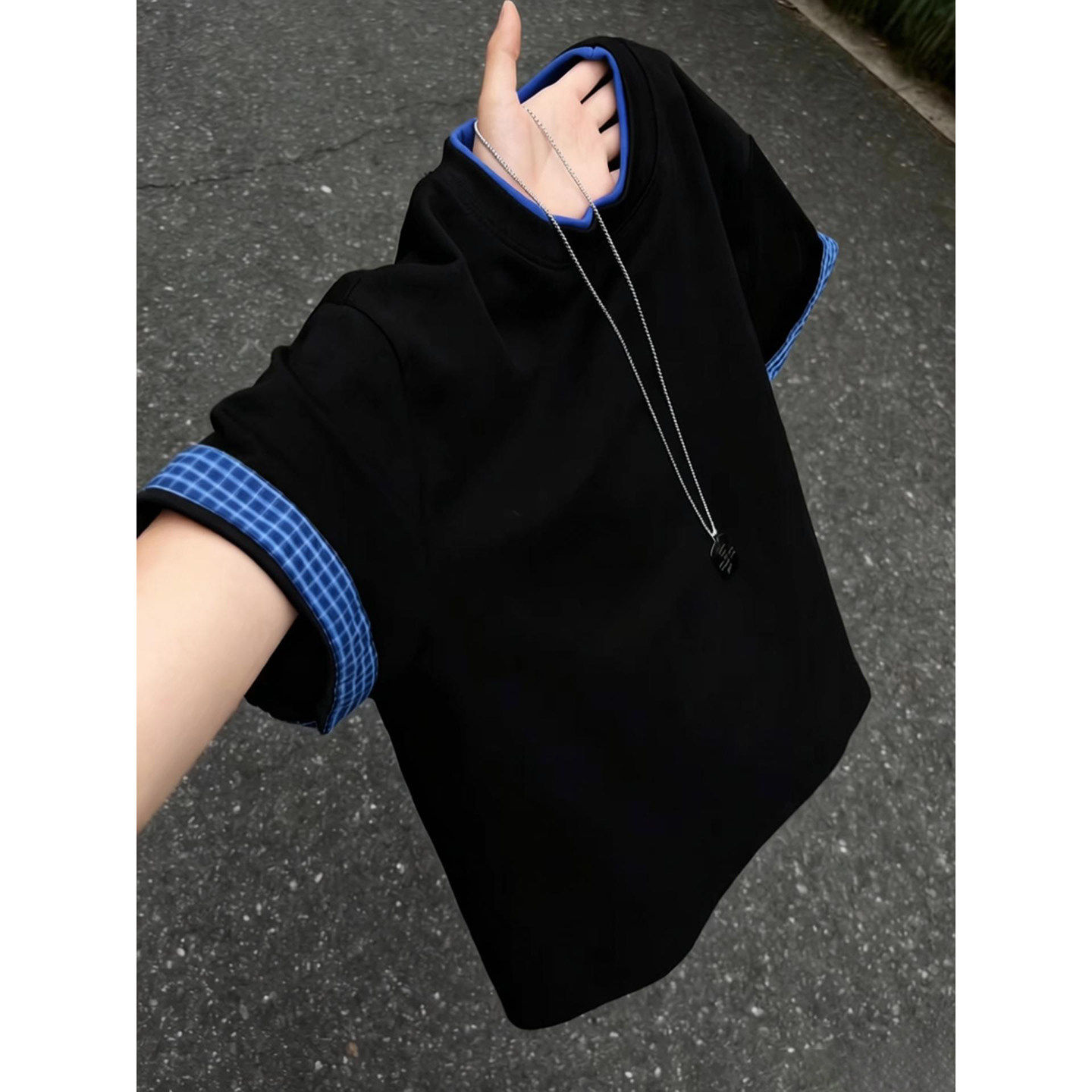 美式撞色格子短袖T恤男夏季