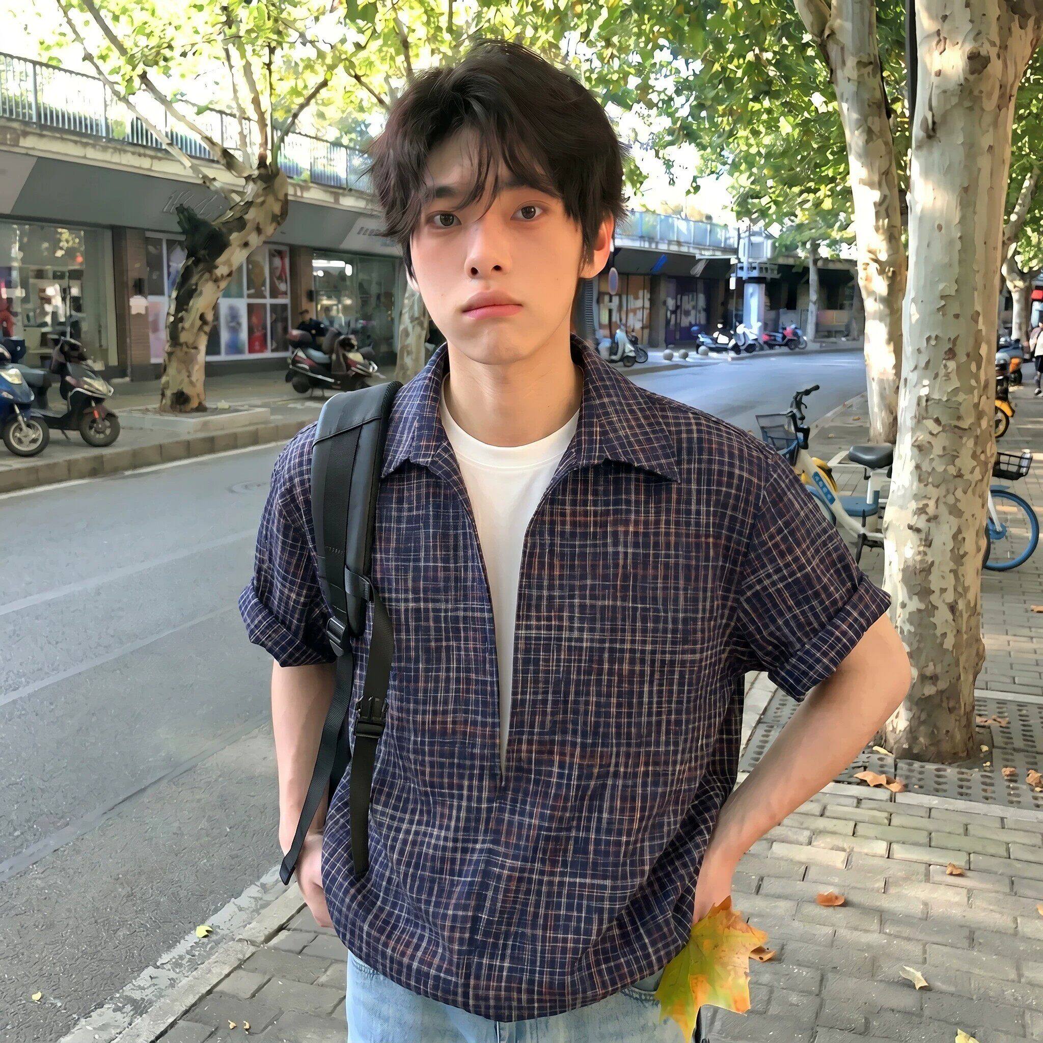 藏青色泡泡纱短袖衬衫男生夏季假两件v领衬衣少年感穿搭半袖外套