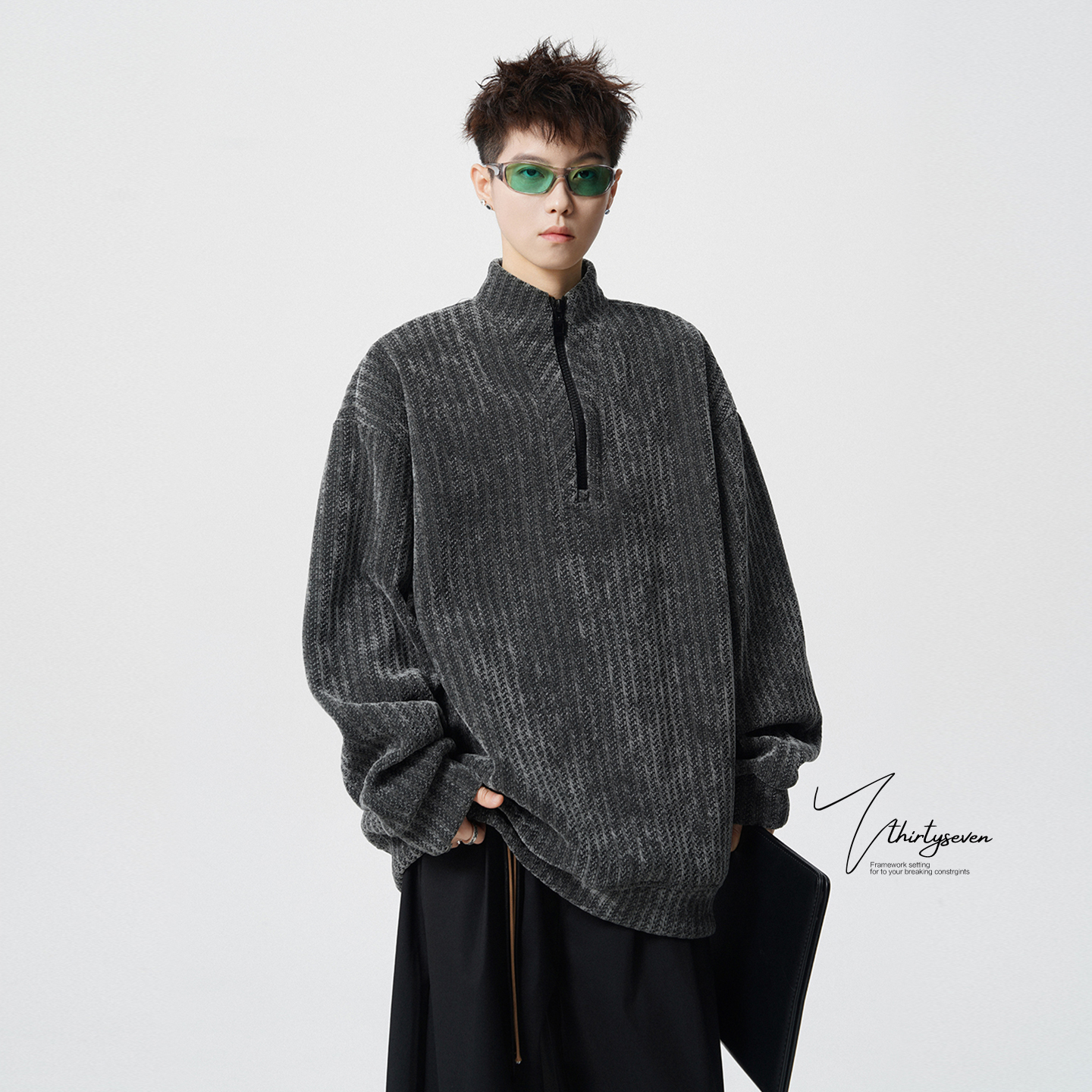 美式复古立领半拉链卫衣男秋季宽松长袖上衣潮牌休闲灰色外套ins