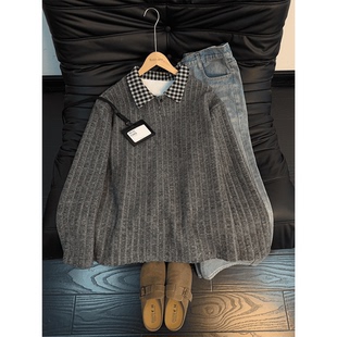 cleanfit条纹拼接Polo衫卫衣男款秋冬加绒格子翻领长袖内搭打底衫