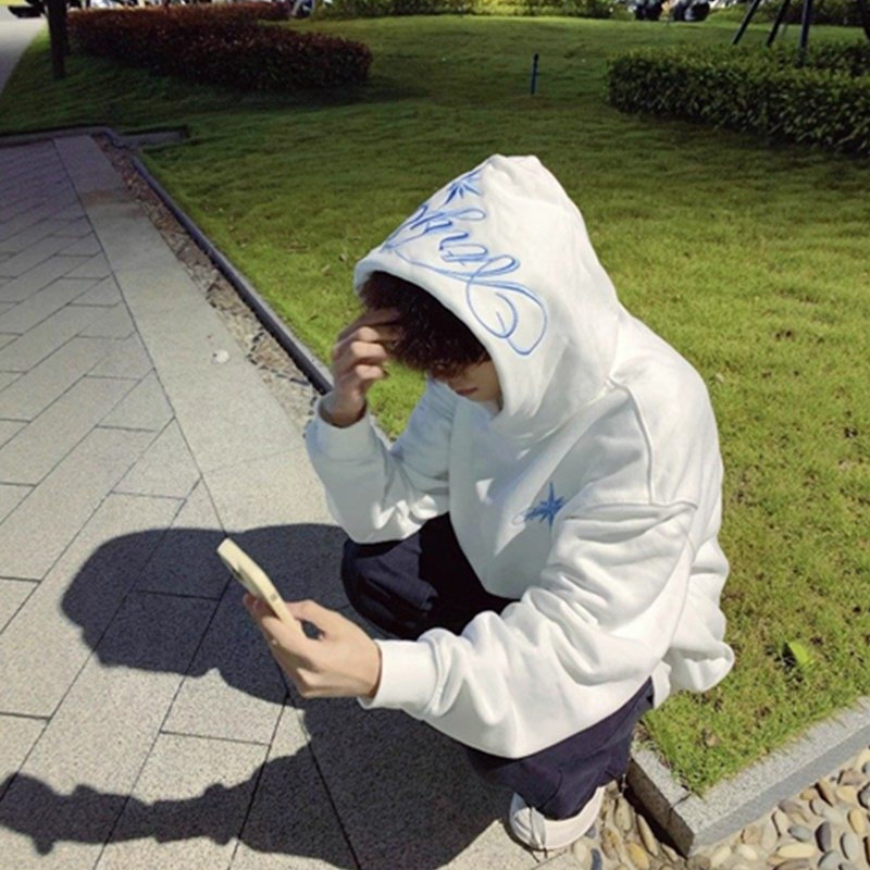 美式潮牌北极星刺绣连帽卫衣男款秋冬加绒加厚宽松情侣装潮牌外套